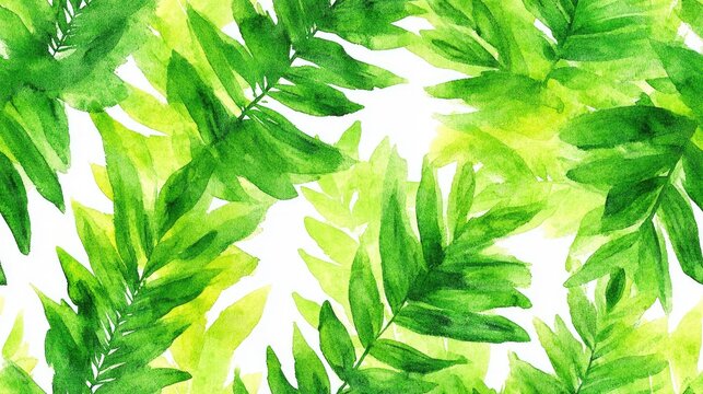 Seamless watercolor pattern of vibrant green tropical palm fern leaves on a crisp white background ideal for textile design home decor and summer themed projects