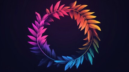 Obraz premium Vibrant rainbow leaves form a circular frame on a dark background.
