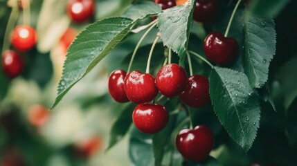 Fototapeta premium Fresh Red Cherries with Leaves and Water Drops on a Tree Branch