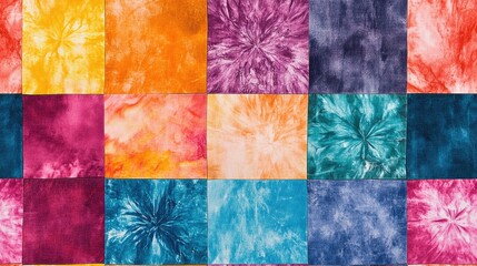 Seamless multicolor tie dye patchwork pattern featuring psychedelic floral motifs perfect for fabric design and home decor