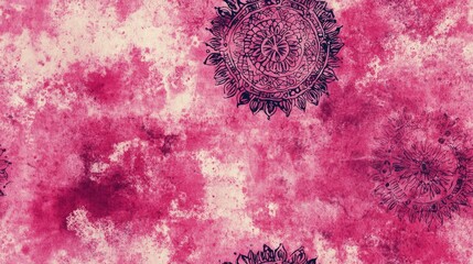 Seamless pink tie dye batik pattern featuring traditional ornaments and ink spots on a grunge crumpled background ideal for textile and wallpaper design