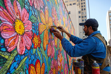 Vibrant street art mural creation in urban setting during daylight hours