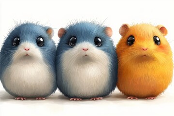 Three cute, fluffy hamsters in vibrant colors with expressive eyes.
