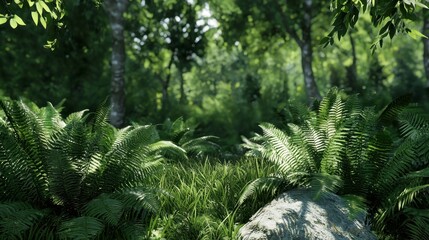 Realistic Lush Green Ferns in Bright Natural Light in Forest Setting