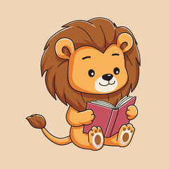 A cute lion reading a book. Cartoon illustration of vector art. Back to school theme