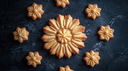 A beautifully arranged set of flower-shaped cookies on a dark surface, showcasing intricate designs and a golden-brown color.