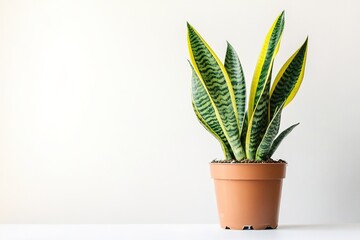 Vibrant potted snake plant on clean white background, minimalist style