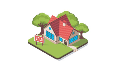 Cartoon 3D Flat Real Estate Property sold, Home Sale, Isometric house for sale Vectors & Illustrations