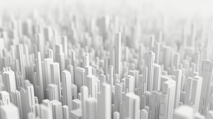 Obraz premium A grayscale 3D rendering of a densely packed futuristic cityscape featuring towering, minimalistic buildings with a soft fade into the background. AI generated.