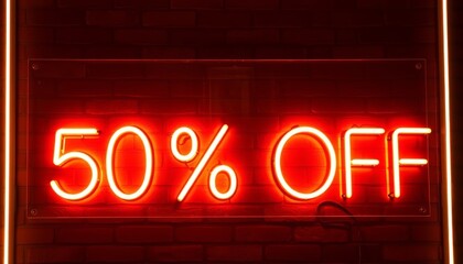 This eye-catching image features a glowing pink neon sign displaying "50% OFF" against a dark brick wall background. The vibrant neon lights create a dynamic and attention-grabbing visual, perfect