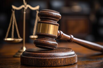 Focus on a judge's gavel with a team of justice lawyers in the background during a legal consultation meeting
