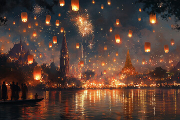 Obraz premium Vibrant festival of lights featuring floating lanterns illuminating the night sky