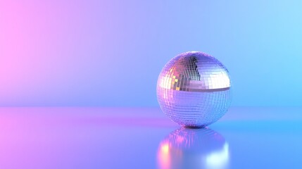 A mirrored disco ball rests on a smooth blue and purple surface with a gradient blue background.