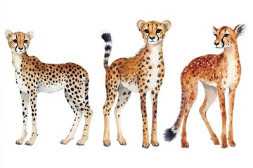Obraz premium Three illustrated cheetahs showcasing different poses and patterns.