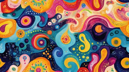 Artistic seamless pattern of abstract colorful designs created through handmade painting techniques on canvas