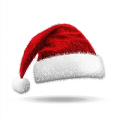 Red Santa hat icon, white background. The fur on the Santa's cap is very fluffy and soft, creating an atmosphere full of Christmas spirit, in the style of Santa Claus.