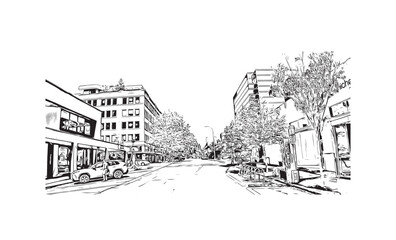 Print Building view with landmark of Vancouver is the city in USA. Hand drawn sketch illustration in vector.