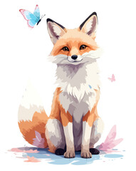 Fox Vector Painting Adorable Fun Animal Playing With Butterfly