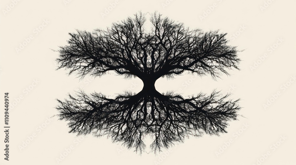 Poster symmetrical black tree silhouette with exposed roots and branches against a beige background.