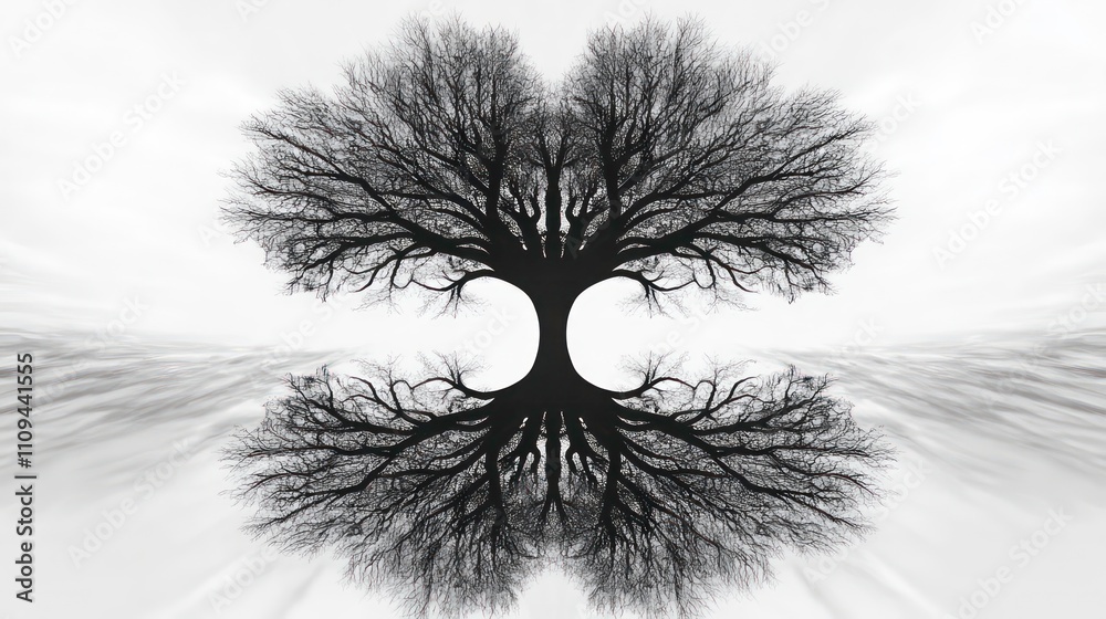 Poster Symmetrical black and white image of a leafless tree reflected in water, creating a mirrored effect.