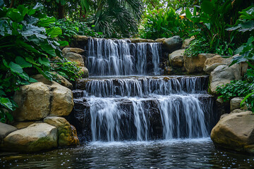 Naklejka premium A cascading waterfall surrounded by lush greenery and rocks,