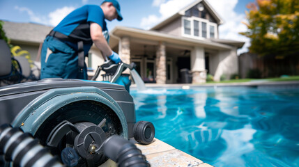 Service and maintenance of the pool. Dirty pool, Cleaning the pool floor with a high pressure water jet machine.