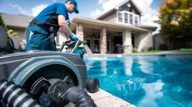 Service and maintenance of the pool. Dirty pool, Cleaning the pool floor with a high pressure water jet machine.
