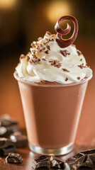 Delicious chocolate mousse dessert garnished with whipped cream and chocolate shavings