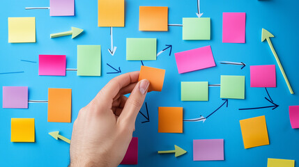 A hand assembling a flowchart with colorful sticky notes on a blue background. The notes are connected with drawn arrows, forming a structured diagram