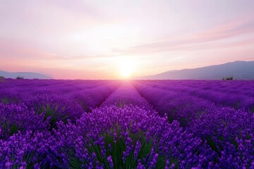 Fototapeta premium Panoramic view of sunset violet lavender flower field