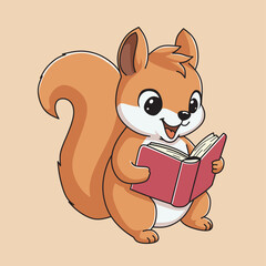 A cute squirrel reading a book. Cartoon illustration of vector art. Back to school theme