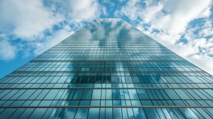Fototapeta premium A minimalist glass tower, viewed from the ground, showing clean reflections of the sky
