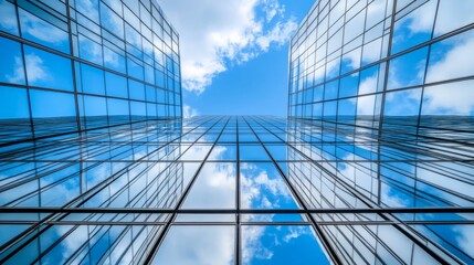 A minimalist glass tower, viewed from the ground, showing clean reflections of the sky


