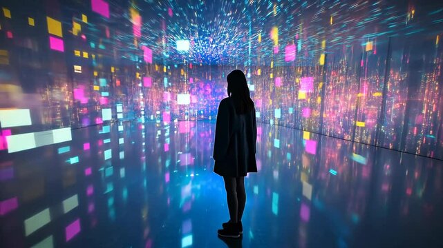 Woman Exploring Immersive Digital Art Installation: A Journey Through Interactive Virtual Reality and Metaverse Experience