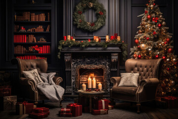 Fototapeta premium A Cozy Christmas Living Room Featuring a Beautiful Fireplace and a Charming Tree Decorated