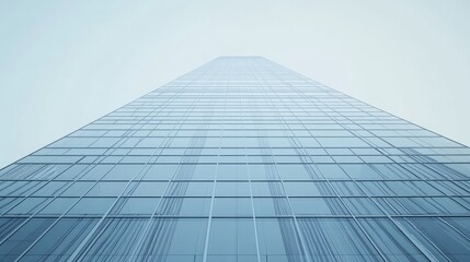 Fototapeta premium A minimalist glass tower, viewed from the ground, showing clean reflections of the sky