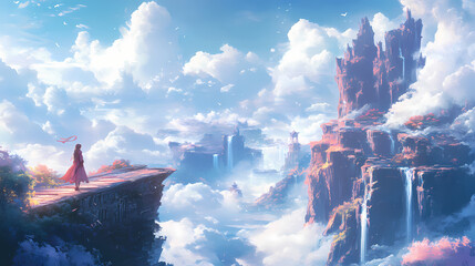 Zenith of fantasy: elevated landscapes with majestic mountains, sweeping clouds, and a sense of awe and wonder. elysium. illustration. Zenith. Illustration