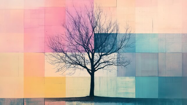 Bare tree silhouette against a colorful, textured, geometric background.