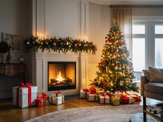  A beautiful decorated Christmas tree with gifts in front of fireplace in a living room.