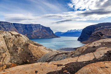 Colorful rock formations and mountains of Geologfjord, in Northeast Greenland National Park, Arctic...