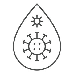 Obraz premium Blood drop with virus thin line icon,coronavirus concept. Vector graphics. Water drop virus sign on white background, outline style icon for mobile or web design.