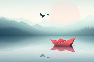 A serene landscape featuring a red paper boat on calm water, surrounded by misty mountains.