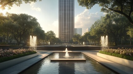 Obraz premium A towering skyscraper with a minimalist design, surrounded by a landscaped plaza and water fountains
