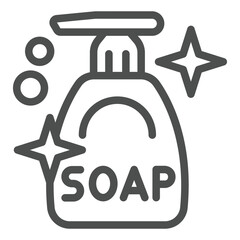 Liquid soap bottle line icon, washing hands concept. Vector graphics. Detergent shiny bottle sign on white background, outline style icon for mobile or web design.