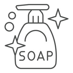Liquid soap bottle thin line icon, washing hands concept. Vector graphics. Detergent shiny bottle sign on white background, outline style icon for mobile or web design.