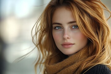 Naklejka premium Young Redhead Woman Pensive Gaze Natural Light Blurred Background