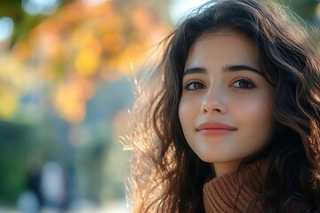 Naklejka premium Young Woman Beautiful Brown Hair Healthy Skin Bokeh Lights