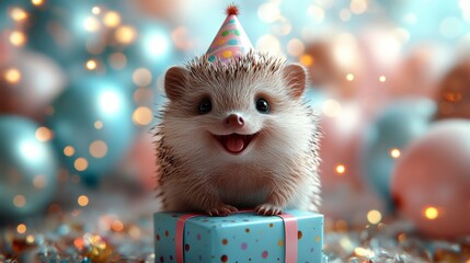 Celebrating a happy hedgehog exotic pet party in a colorful environment with joyful decorations