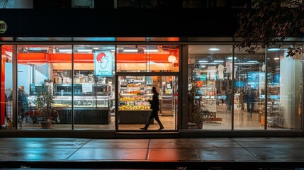 Night view of a convenience store with a person walking in.