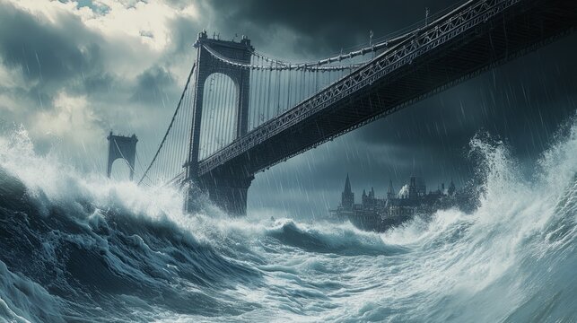 A towering suspension bridge over a stormy sea, waves crashing against the massive pillars below